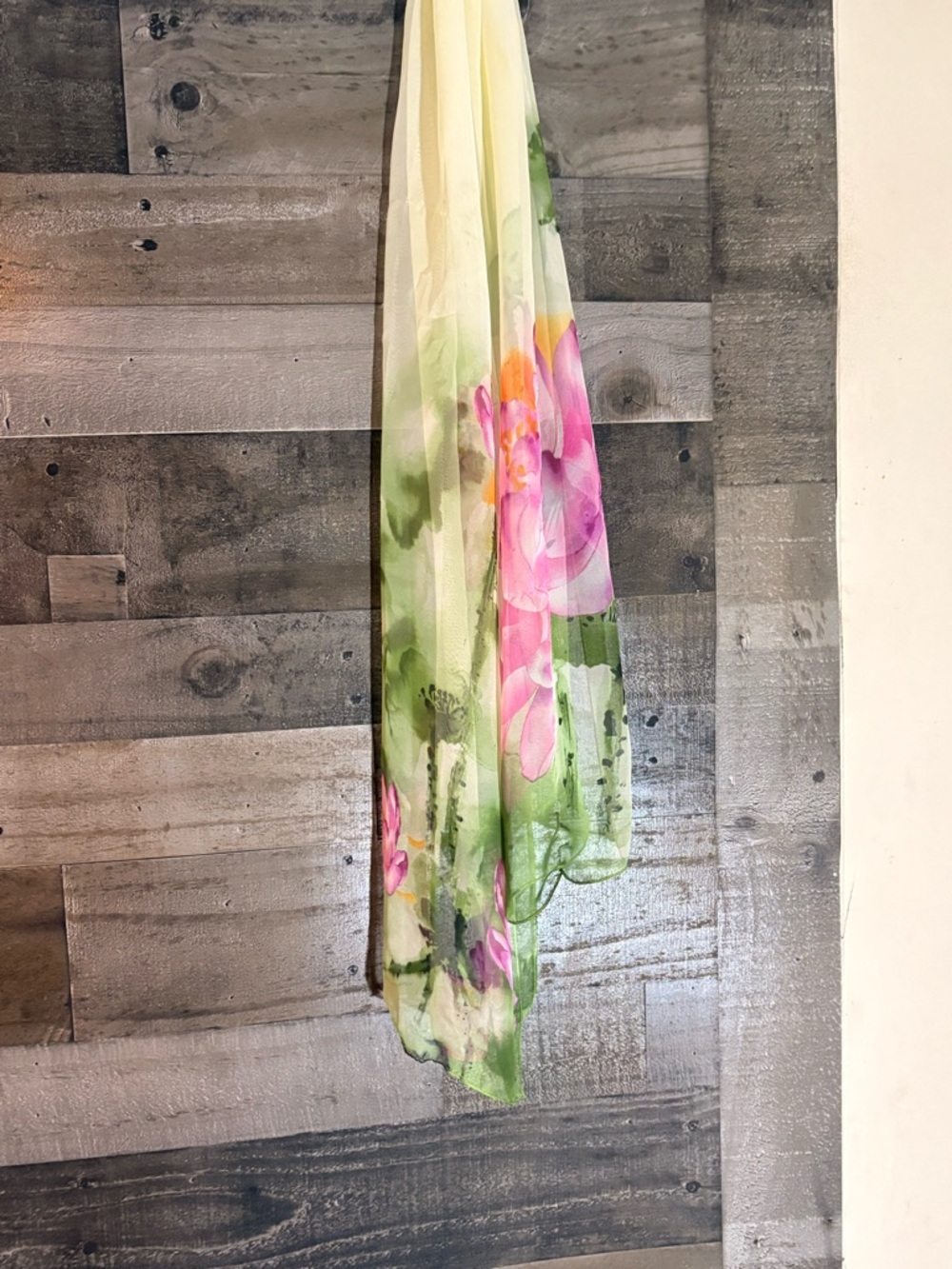 Floral Chiffon Scarf in Pastel Yellow, Green & Pink